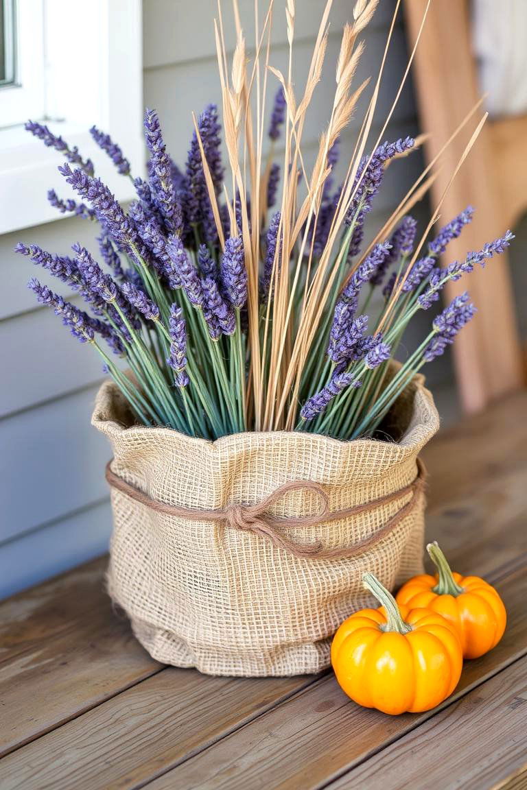 Burlap and Lavender Planter - 24 Fall Planter Ideas