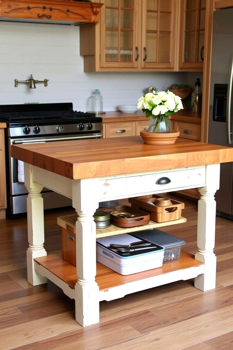 Butcher Block Top with Distressed Base - 24 Rustic Kitchen Island Ideas