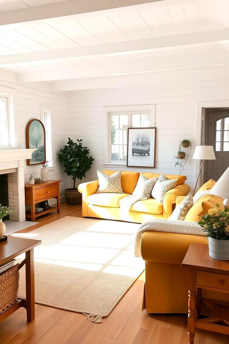 Butter Yellow Couch with White Shiplap Walls - 24 Yellow Couch Living Room Ideas