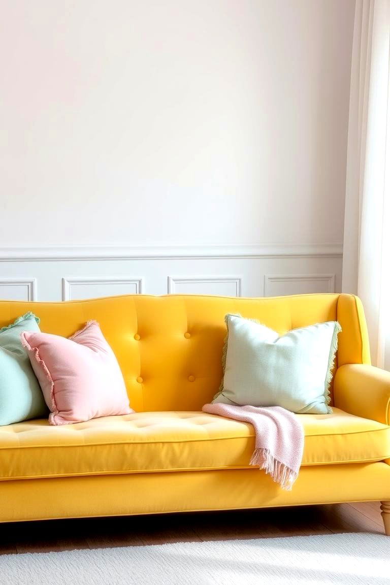 Butter Yellow with Pastel Accents - 24 Yellow Couch Living Room Ideas