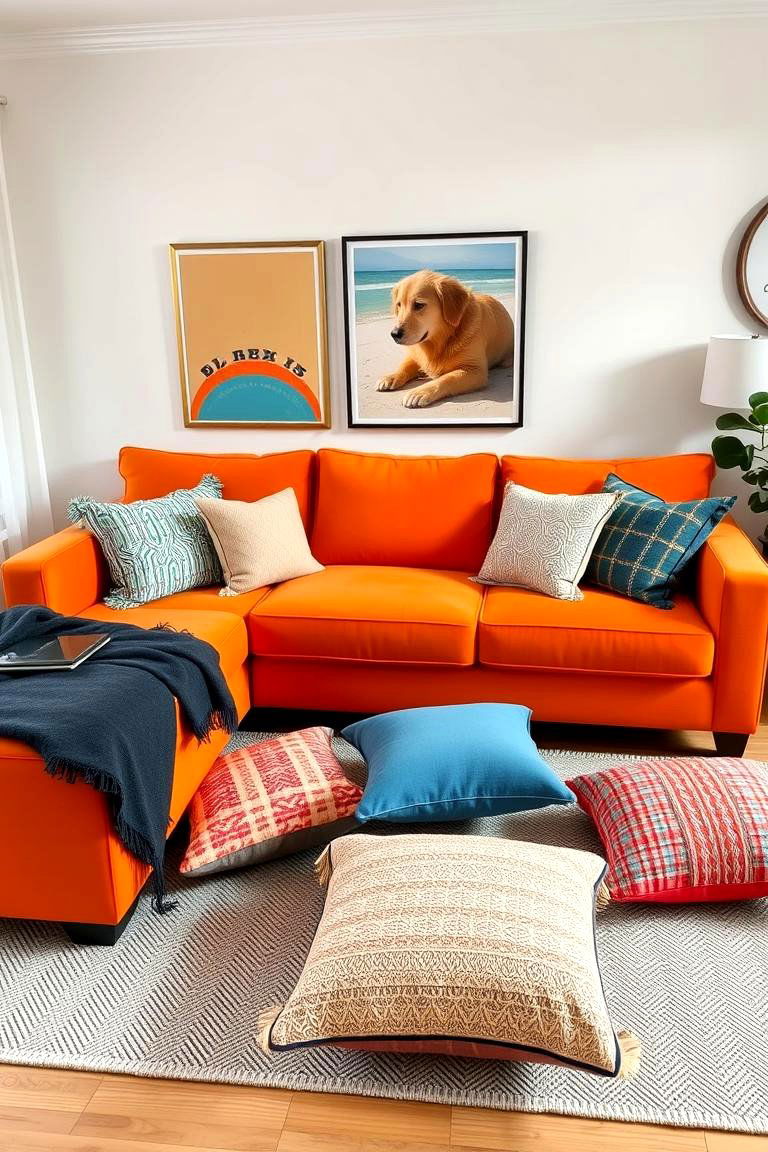 By strategically using throw pillows you can dramatically change the look of your orange couch - 24 Orange Couch Living Room Ideas
