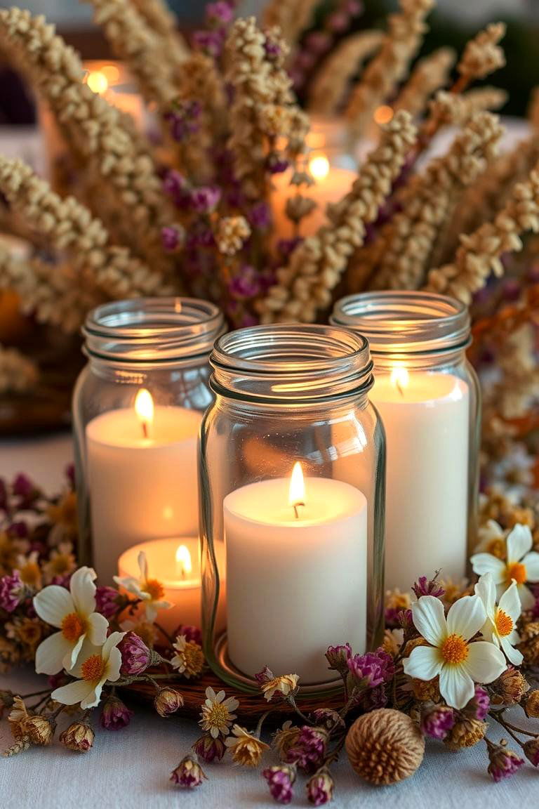 Candles and Dried Flowers in Glass Jars - 24 Dining Table Centerpiece Ideas