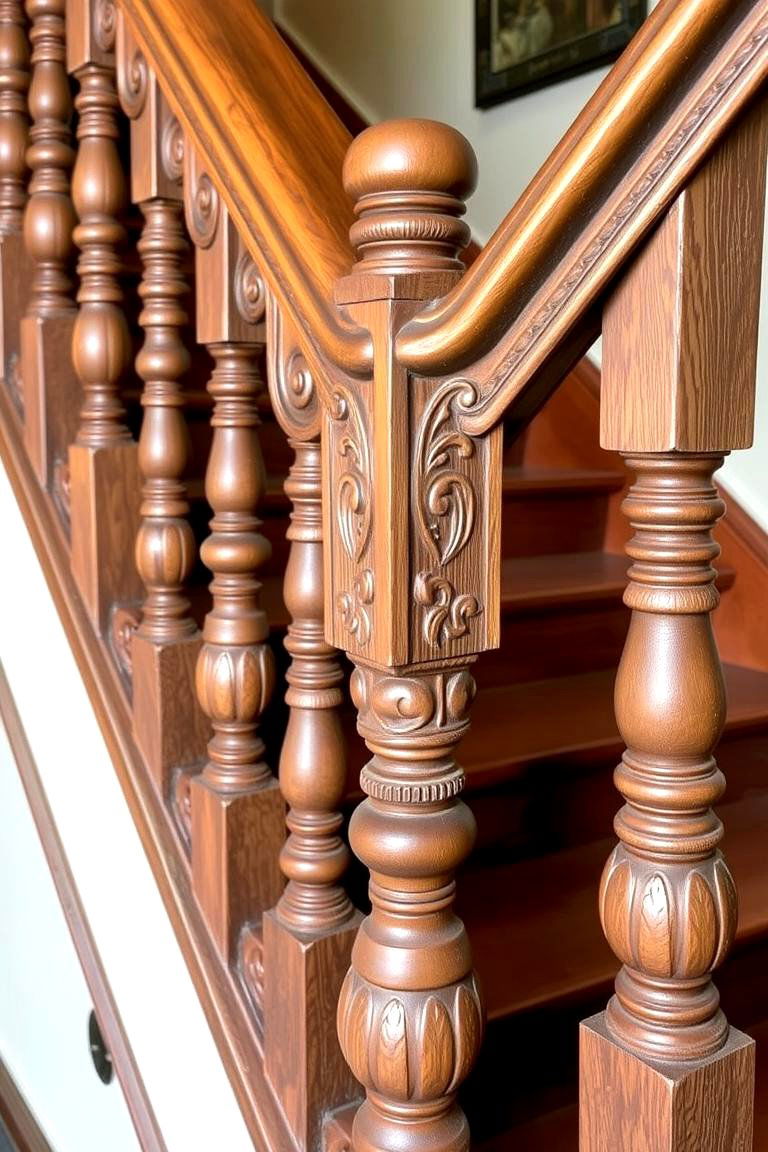 Carved Wood Railings for Detailed Artistic Appeal - 24 Farmhouse Rustic Stair Railing Ideas