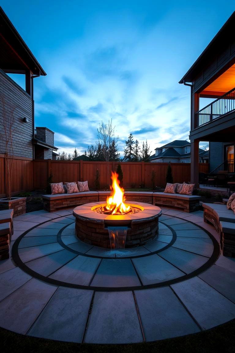 Cascading Concrete Paver Fire Pit with Integrated Seating - 24 Concrete Paver Patio Fire Pit Ideas