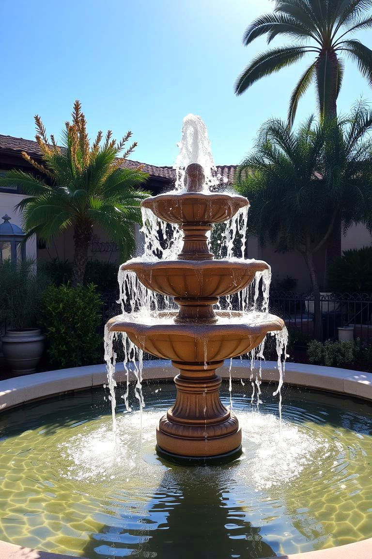 Cascading Fountain Display - 24 front yard spanish style landscaping ideas