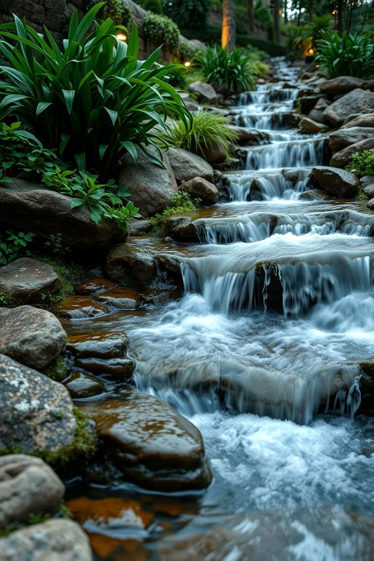 Cascading Water Feature Garden - 24 Sloped Garden Ideas