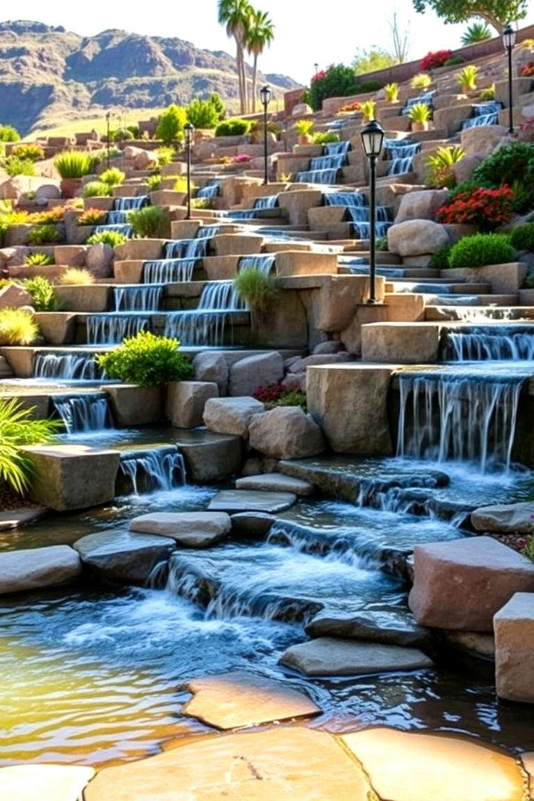 Cascading Water Feature Terrace - 24 Hillside Terraced Garden Ideas