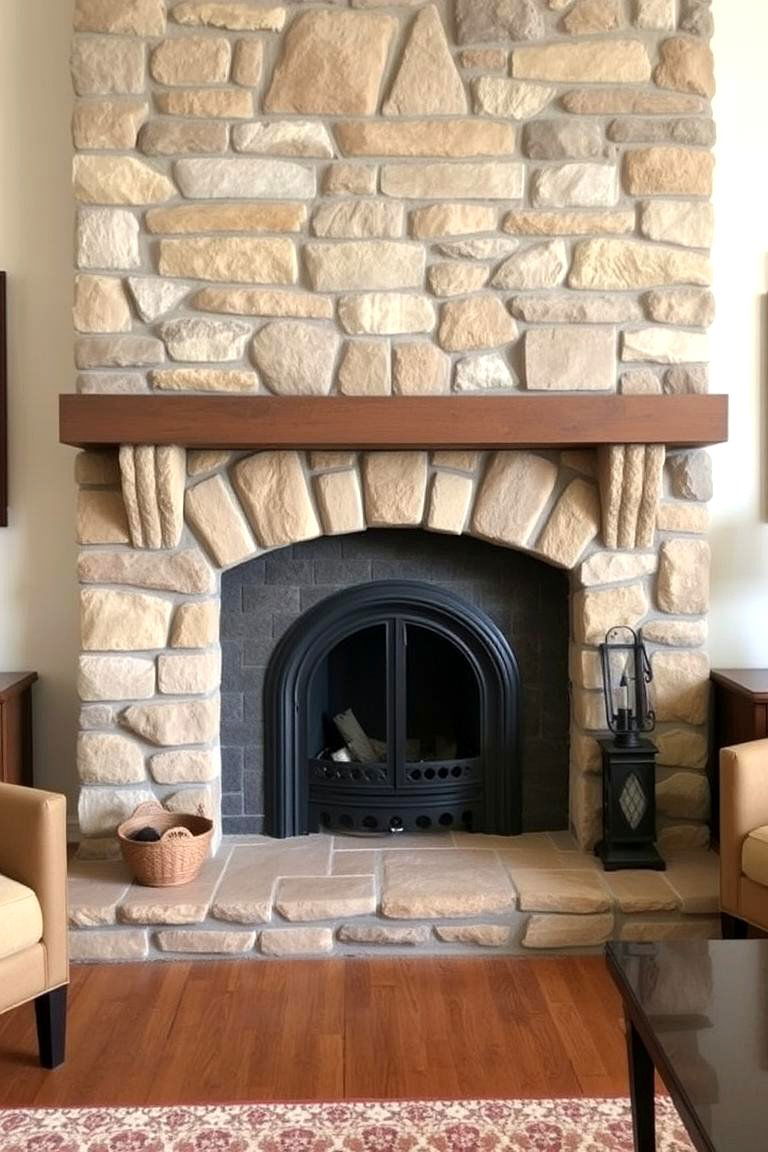 Cast Iron Fireplace Insert with Stone Surround - 24 Rustic Fireplaces