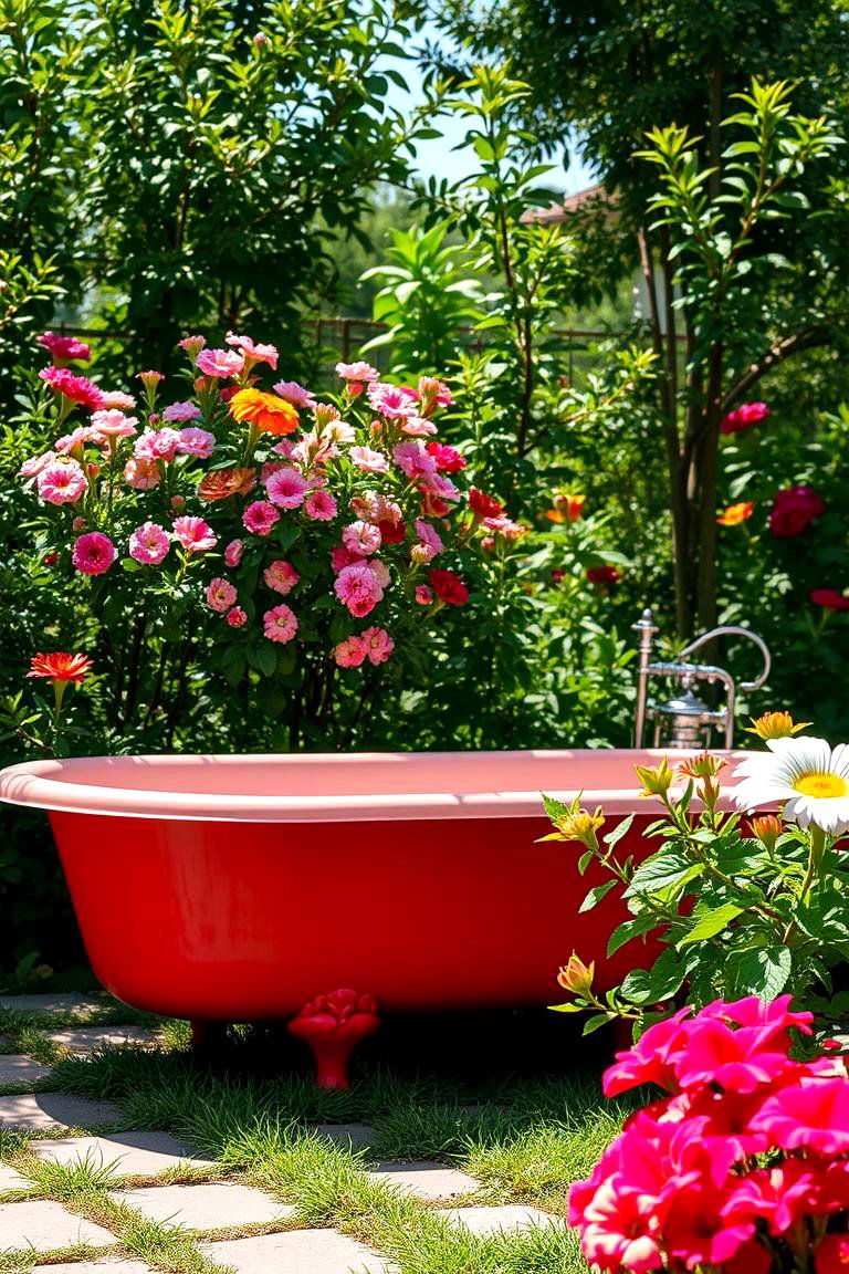 Cast Iron Tub Painted in a Vibrant Color - 24 Outdoor Bathtub Ideas