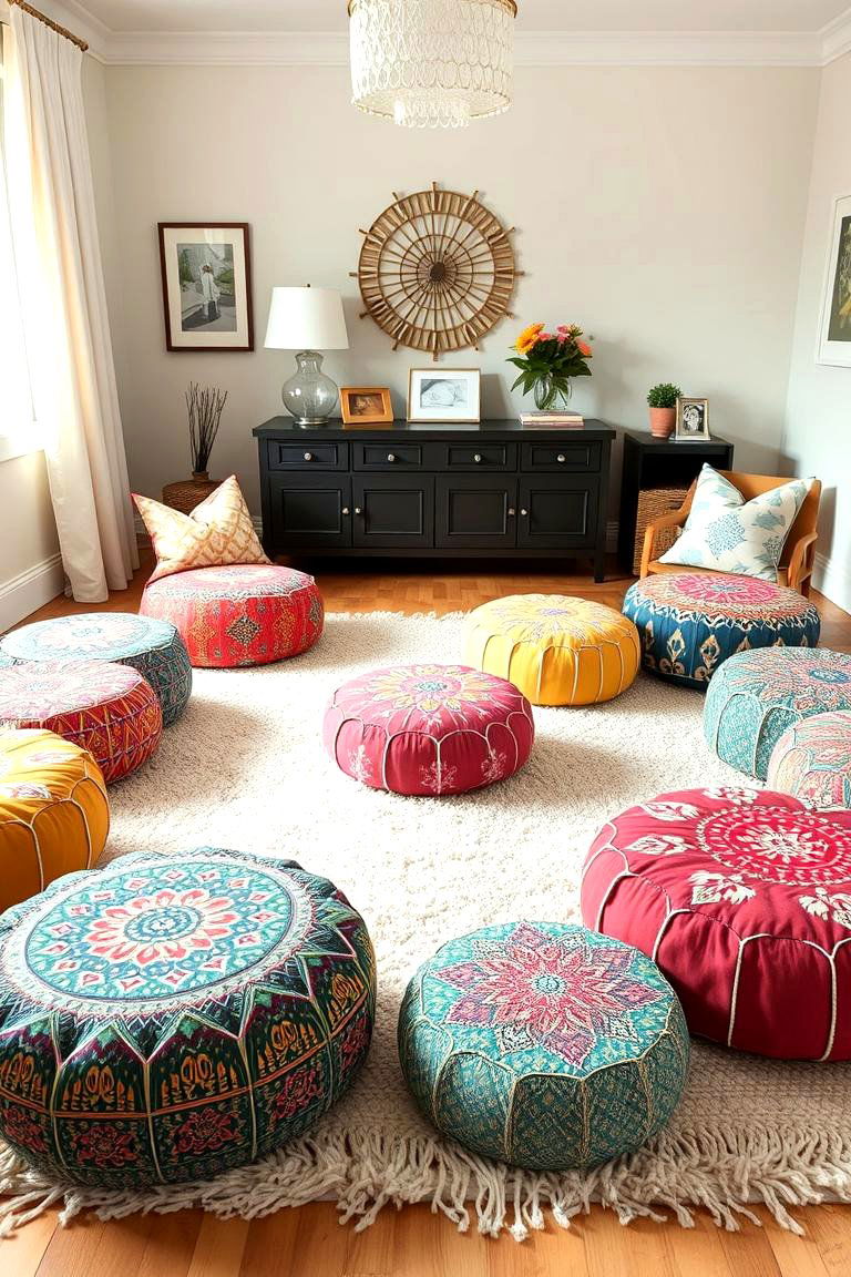 Casual Floor Seating with Poufs - 24 Bedroom Seating Area Ideas