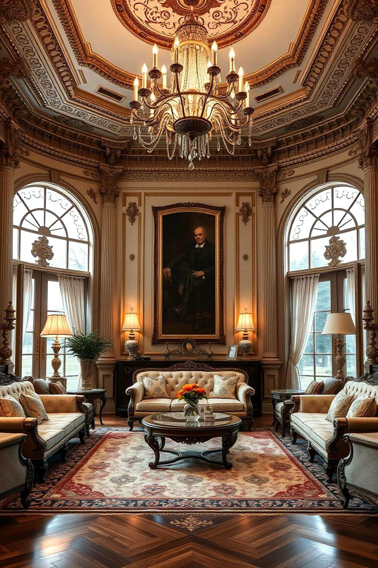 Centered Arrangement with a Grand Chandelier - 24 Colonial Living Room Ideas