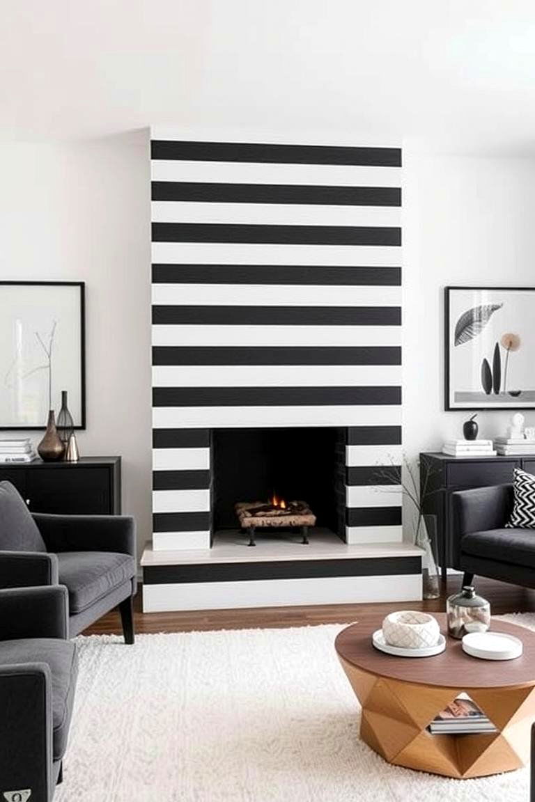 Charcoal and White Stripes Fireplace - 24 Fireplace Paint Ideas