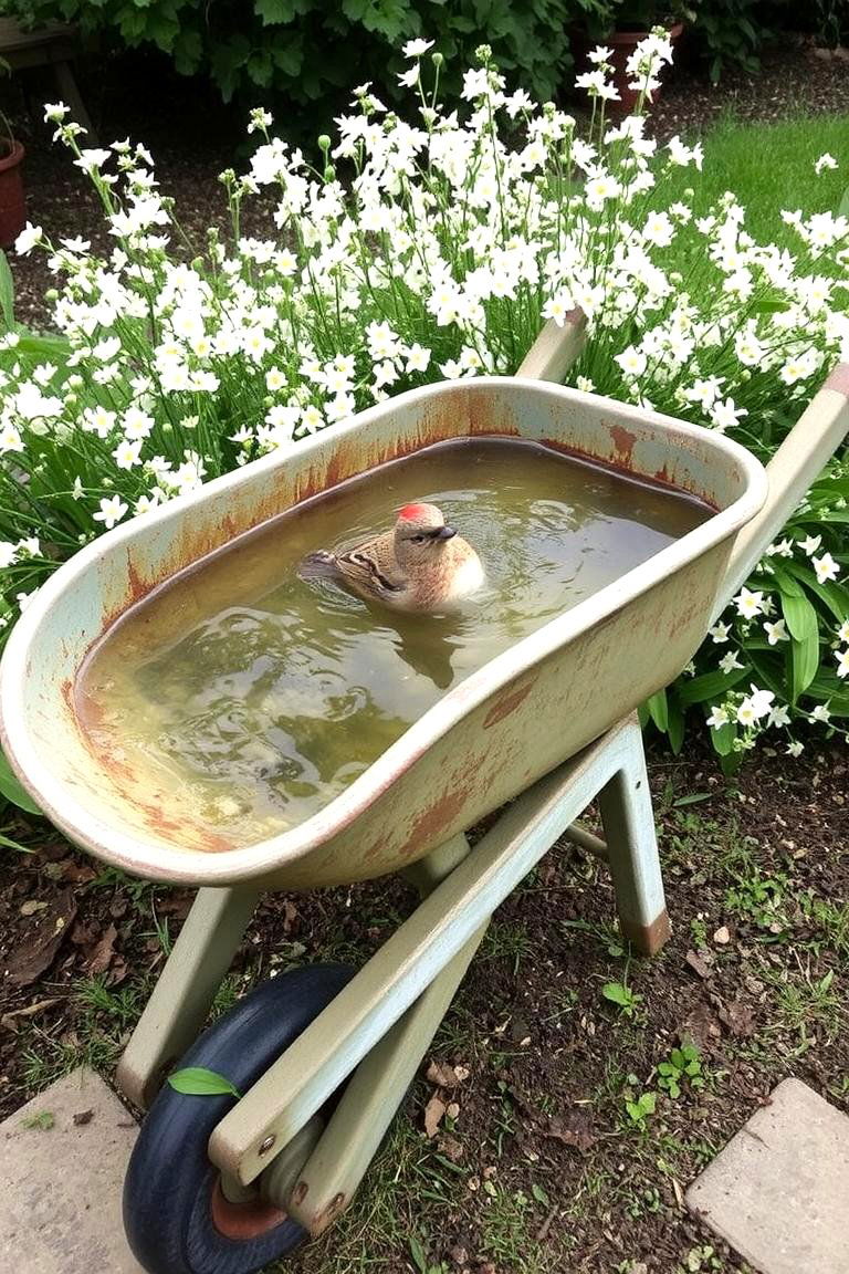 Charming Bird Bath Feature - 24 Old Wheelbarrow Ideas