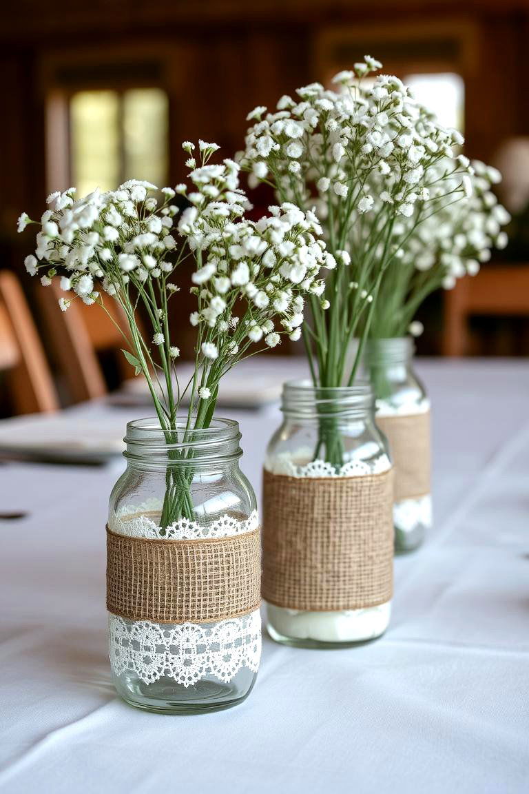 Charming Burlap and Lace Mason Jar Accents - 24 Mason Jar Centerpiece Ideas
