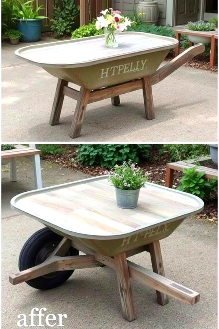 Charming Rustic Side Table - 24 Old Wheelbarrow Ideas
