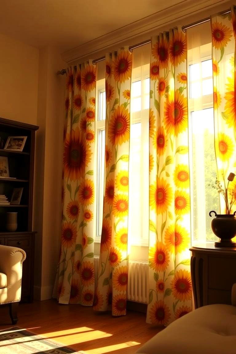 Cheerful Sunflower Print Curtains - 24 Sunflower Bedroom Ideas