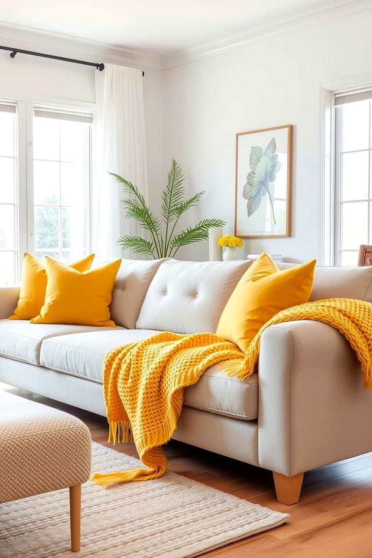 Cheerful Yellow Throw Pillows and Blankets - 24 Yellow Living Room Ideas