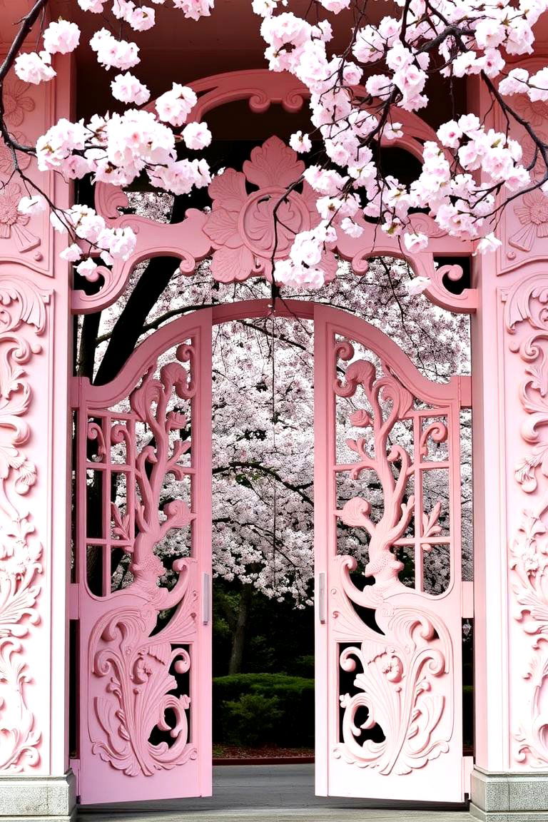 Cherry Blossom Themed Gate - 24 Japanese Garden Gate Design Ideas