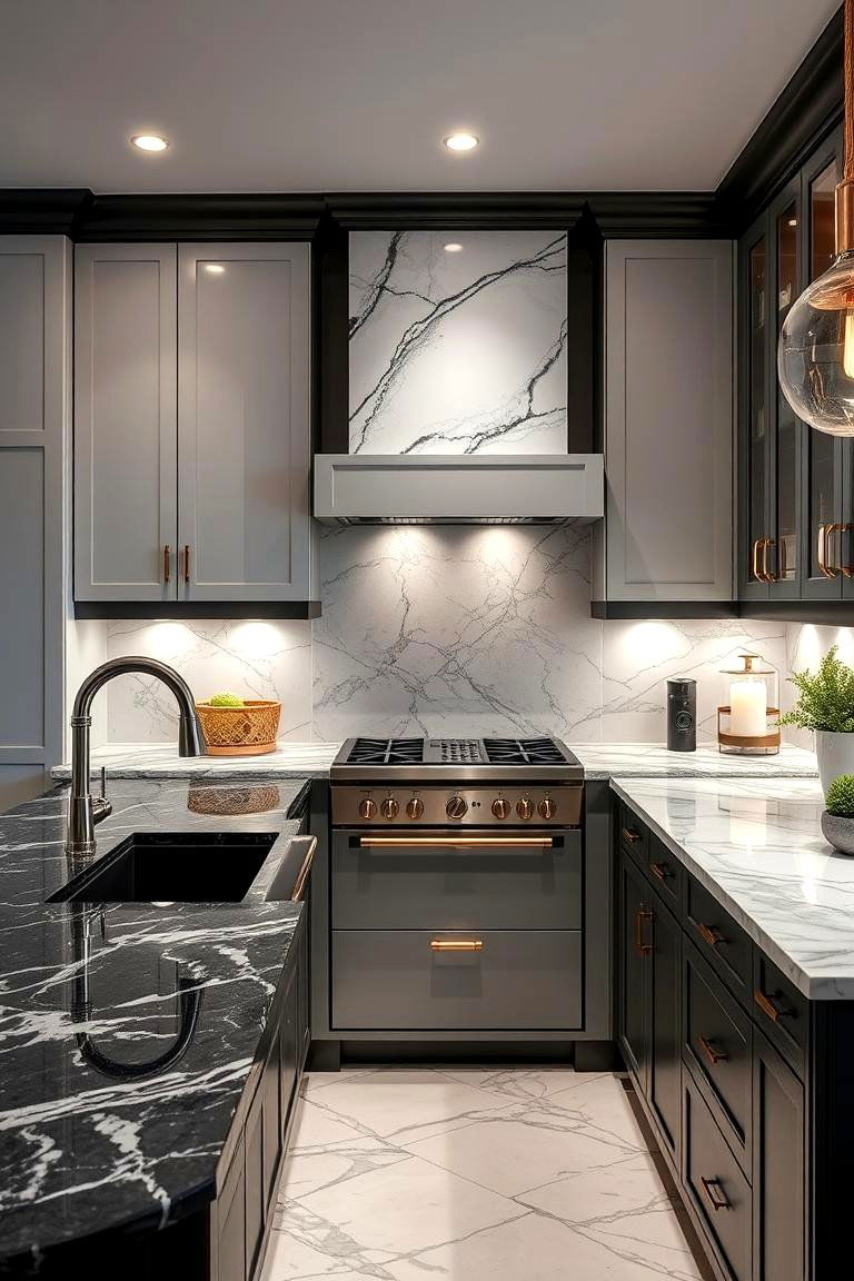 Chic Black Granite and White Marble Surfaces - 24 Black and White Kitchen Ideas
