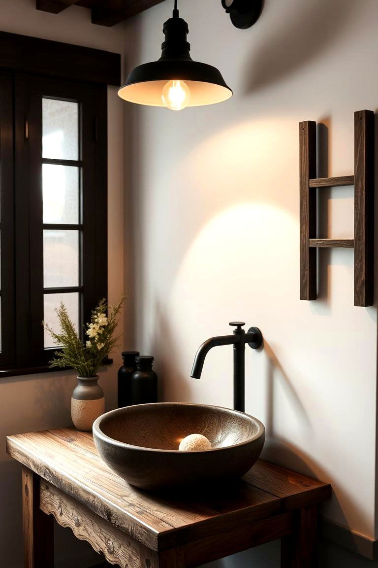 Chic Black Pendant Lighting Over Wooden Sink - 24 Black and Wood Bathroom Ideas