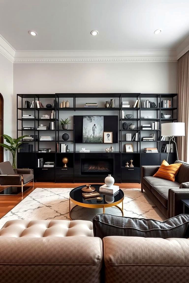Chic Black and Gold Shelving - 24 Black and Gold Living Room Ideas
