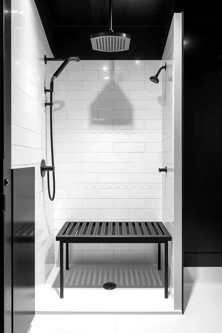 Chic Black and White Accents - 24 Walk in Shower Ideas With Bench