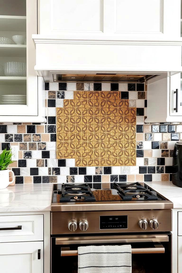 Chic Black and White Backsplash with Gold Mosaic - 24 black white and gold kitchen ideas