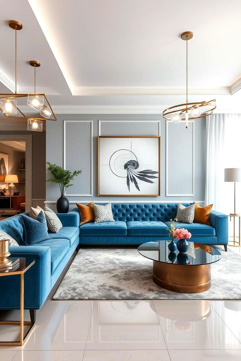Chic Blue Couch with Modern Lighting - 24 Blue Couch Living Room Ideas