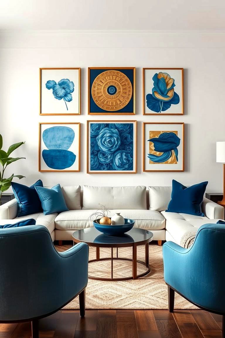 Chic Blue and Gold Artwork Display - 24 Blue and Gold Living Room Ideas