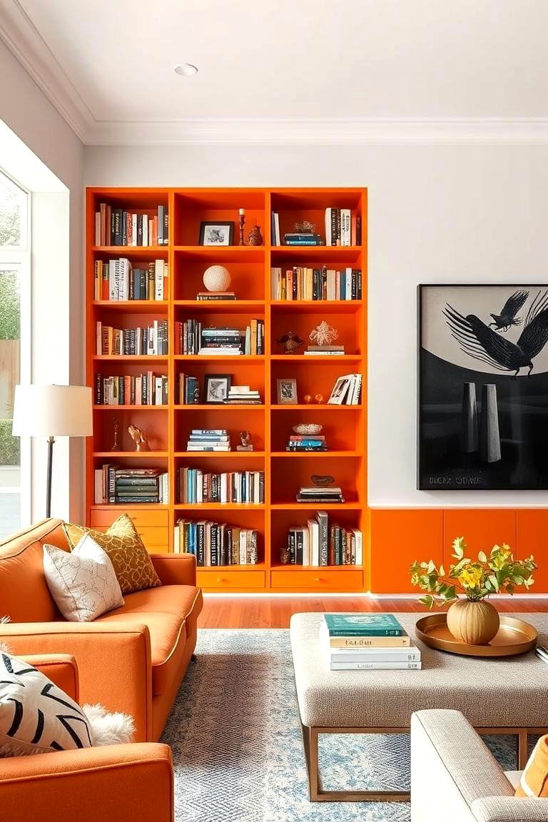 Chic Burnt Orange Bookshelves - 24 Burnt Orange Living Room Ideas