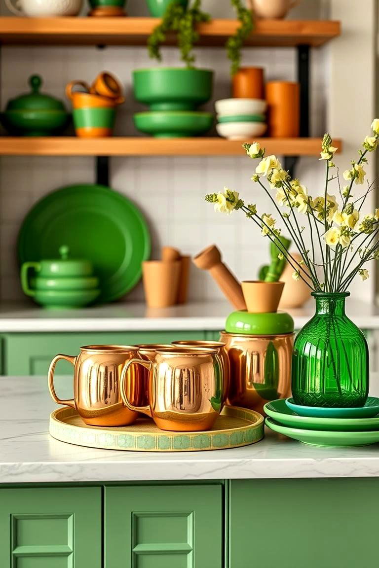 Chic Copper Mugs and Green Accessories Display - 24 Green and Copper Kitchen Ideas