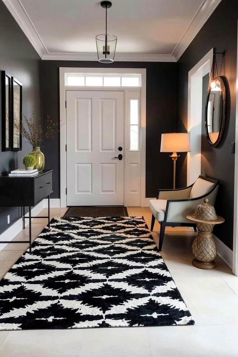 Chic Entryway with Patterned Rug - 24 Black and White Entryway Design Ideas