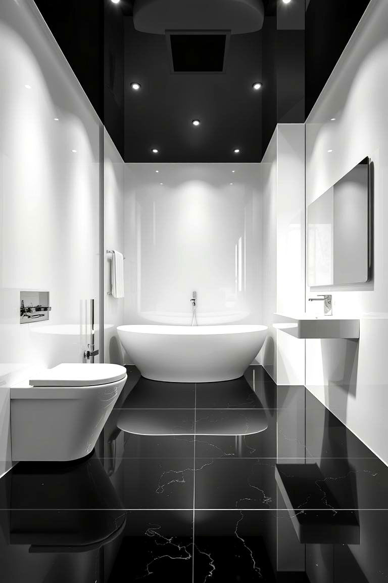 Chic High Gloss Finishes - 24 Black Floor Bathroom With White Walls Ideas