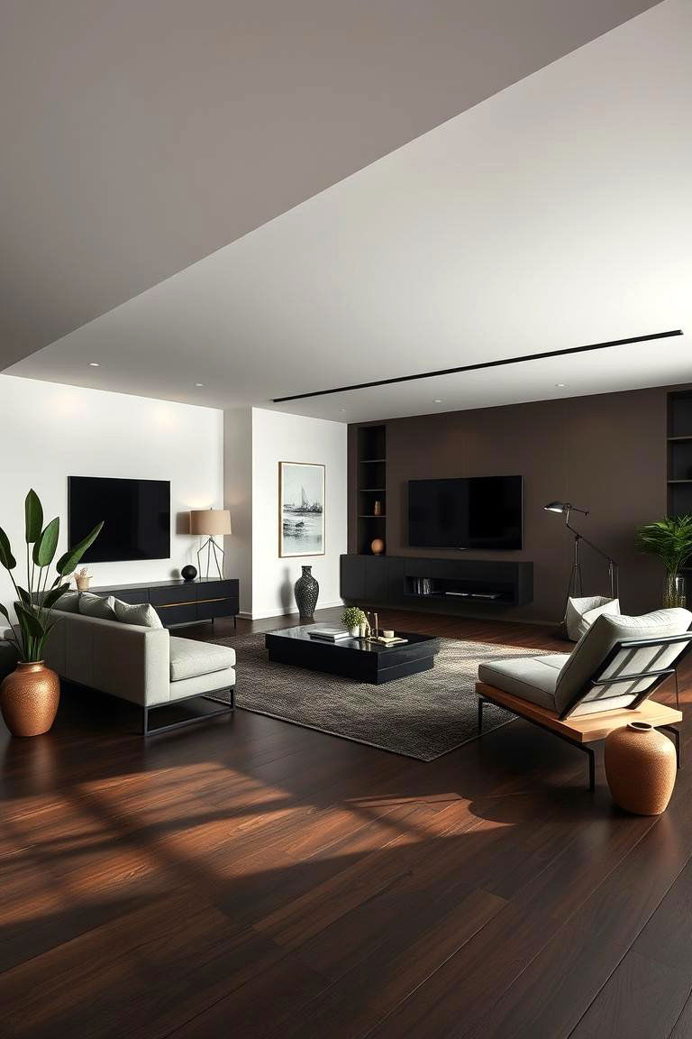 Chic Minimalist Vibes with Dark Floors - 24 Dark Brown Floor Living Room Ideas