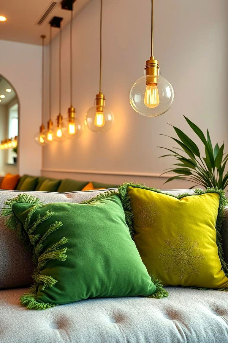 Chic Modern Mix with Green Throw Pillows and Gold Lighting - 24 Green and Gold Living Room Ideas