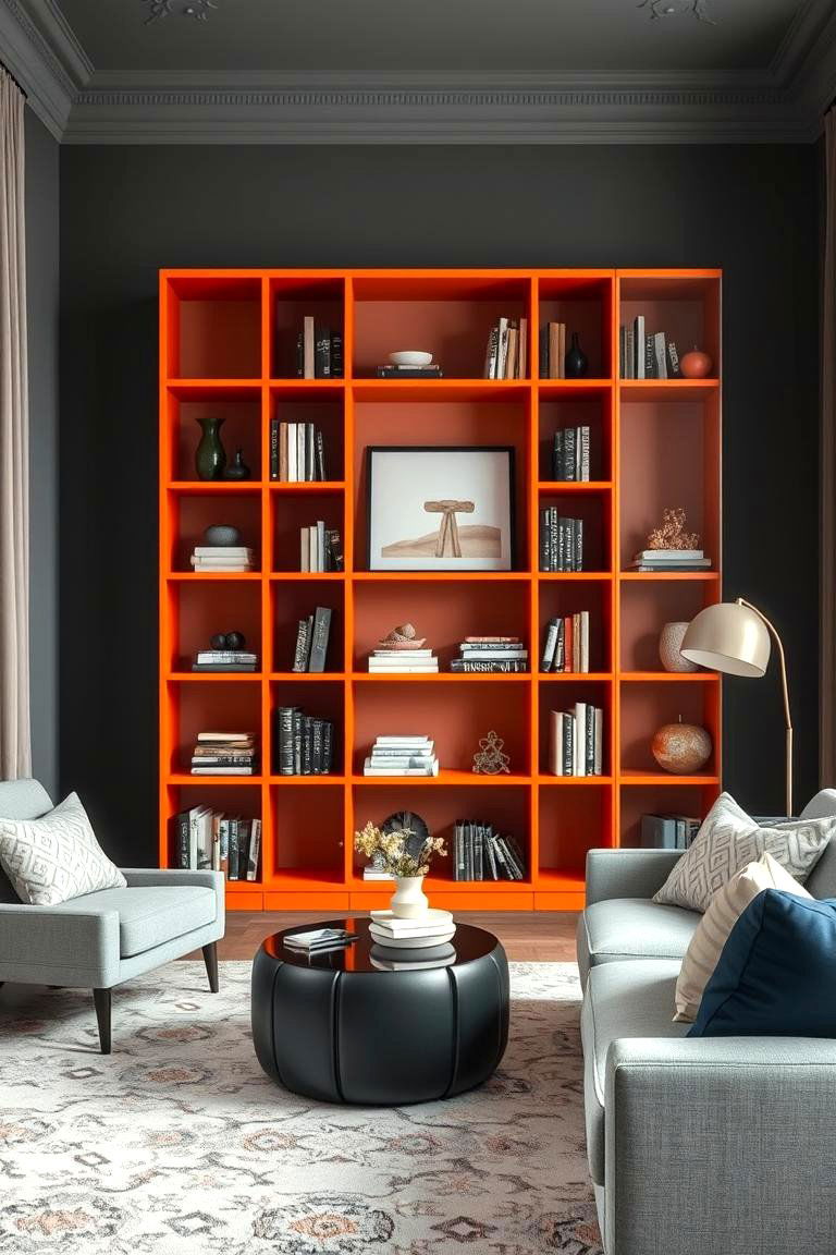 Chic Orange Bookshelf against Grey Walls - 24 Orange and Grey Living Room Ideas