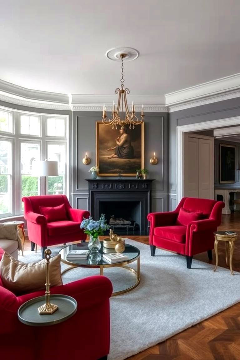 Chic Red Velvet Armchairs with Grey Neutrals - 24 Red and Grey Living Room Ideas