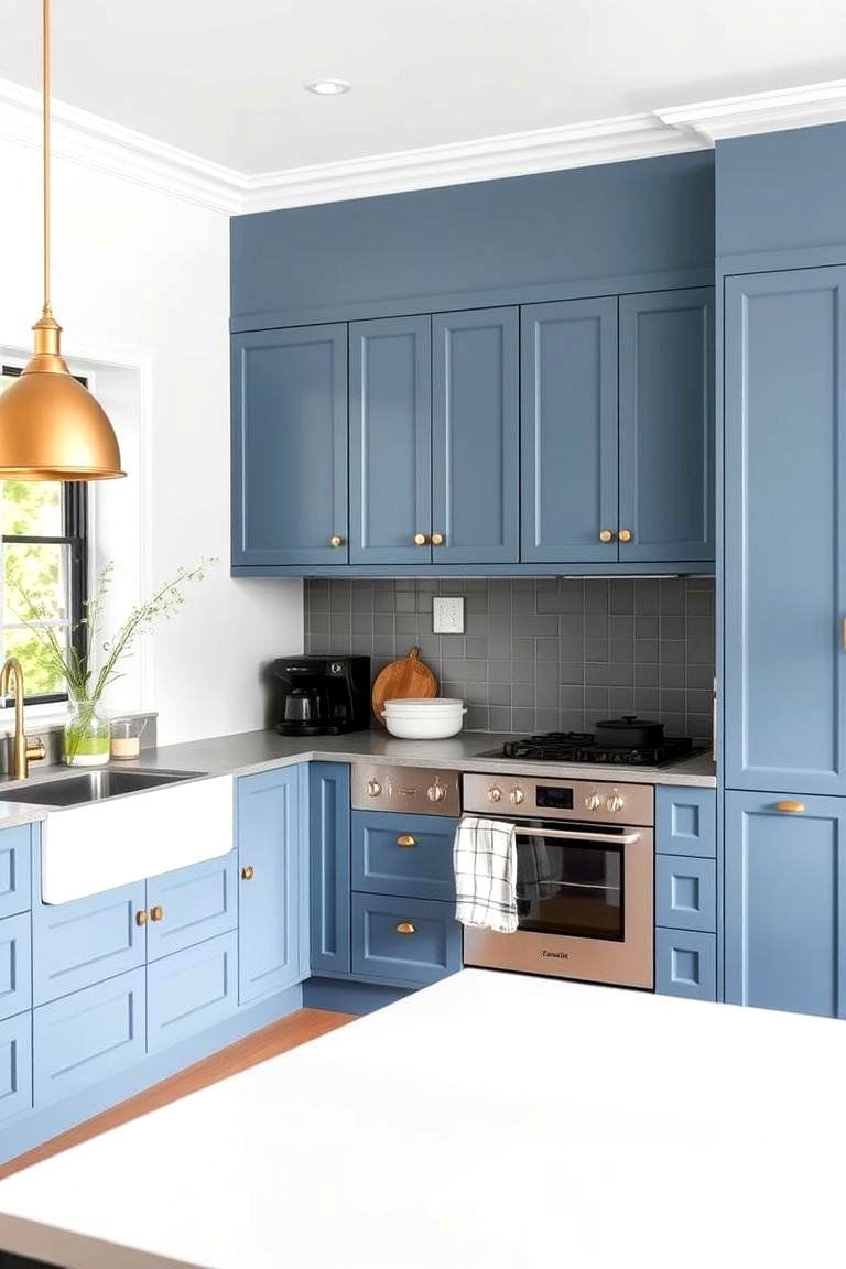 Chic Scandinavian Vibe - 24 blue kitchen cabinets with gold hardware