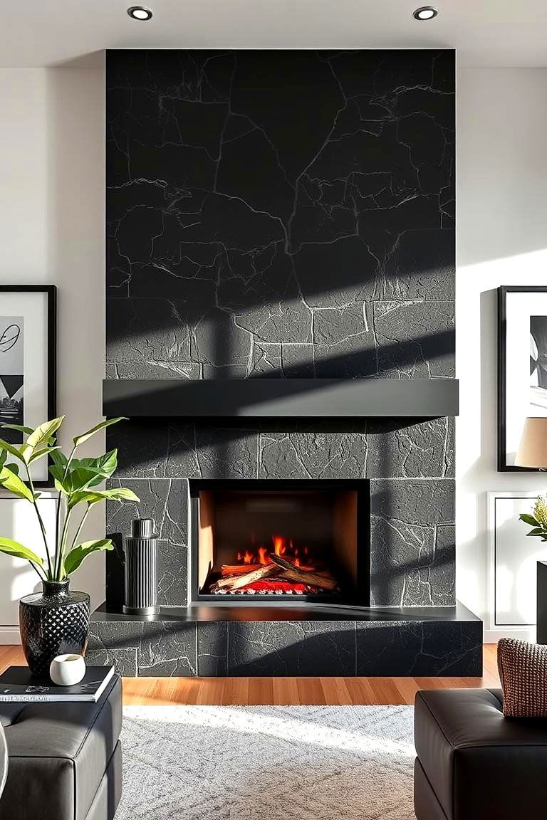 Chic Urban Retreat - 24 Black Stone Fireplace Ideas