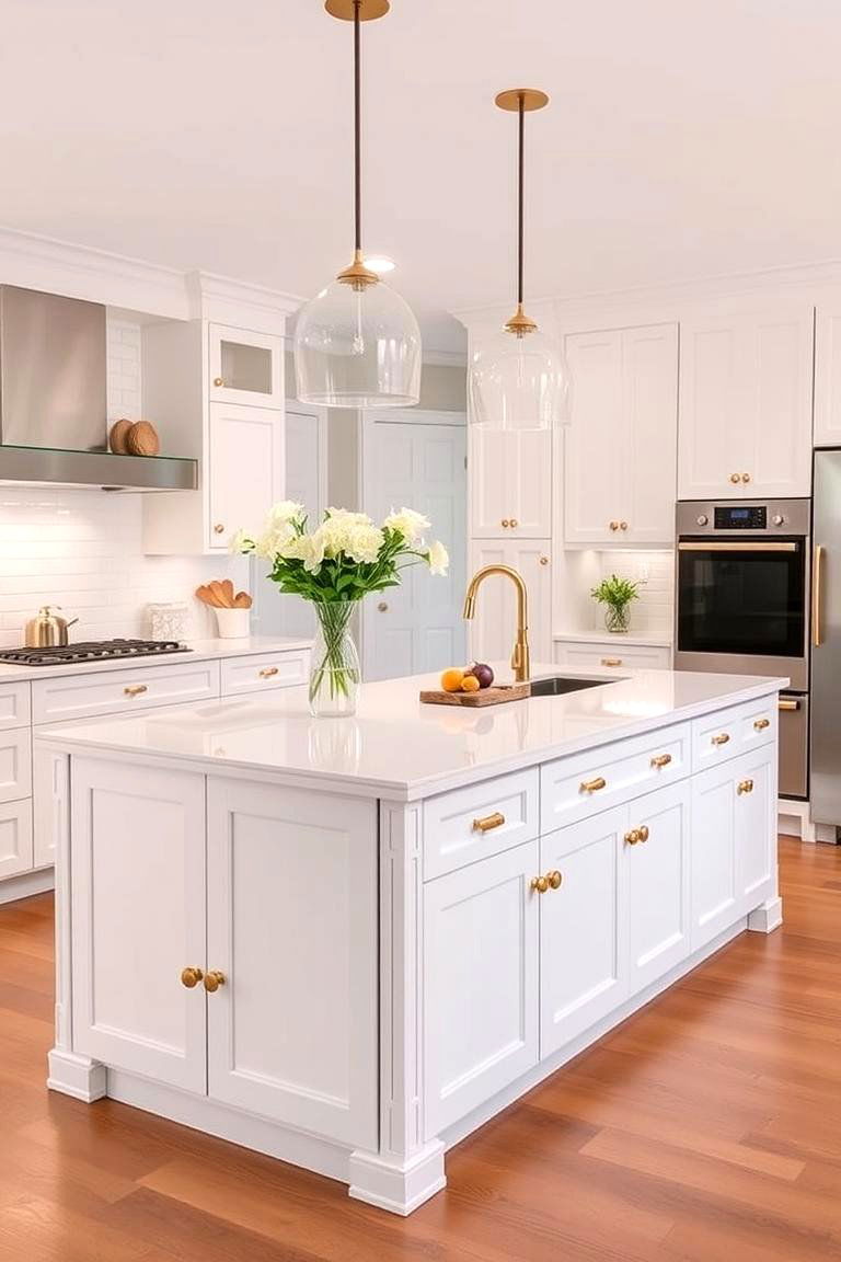 Chic White Kitchen Island with Gold Hardware - 24 White and Gold Kitchen Ideas