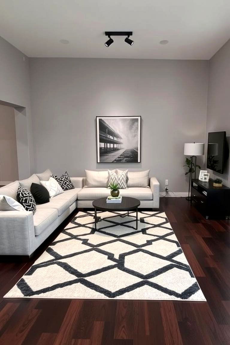 Choosing the Right Rug to Anchor the Space - 24 Grey Living Room With Dark Wood Floors