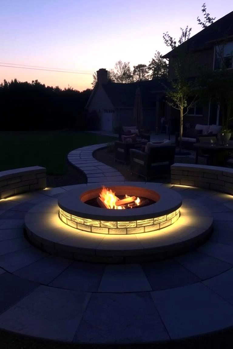 Circular Concrete Fire Pit with Ambient Lighting - 24 Concrete Paver Patio Fire Pit Ideas