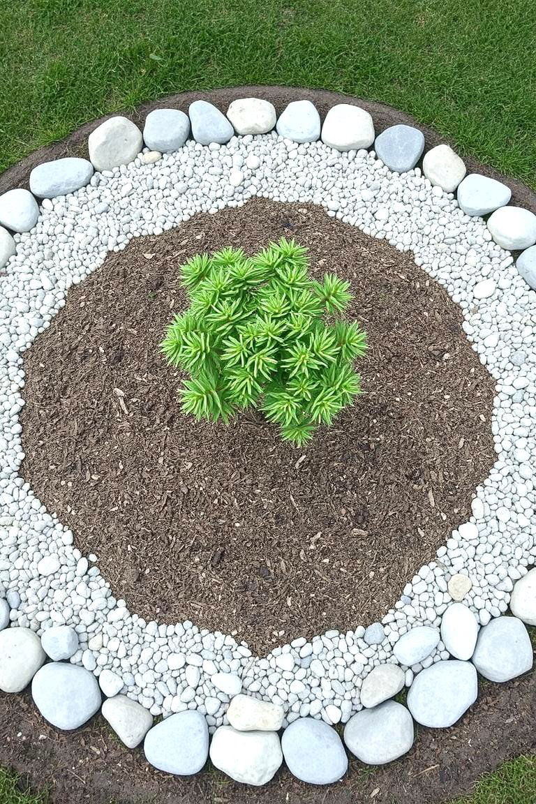 Circular Mulch Bed with Rocks - 24 Front Yard Landscaping Ideas With Rocks and Mulch