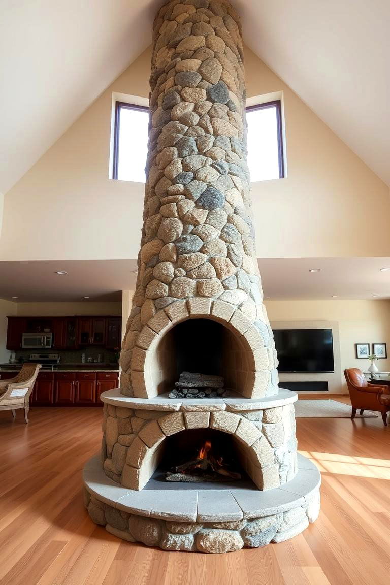 Circular Stone Fireplace for a Unique Twist - 24 Floor-to-Ceiling Stone Fireplace Ideas