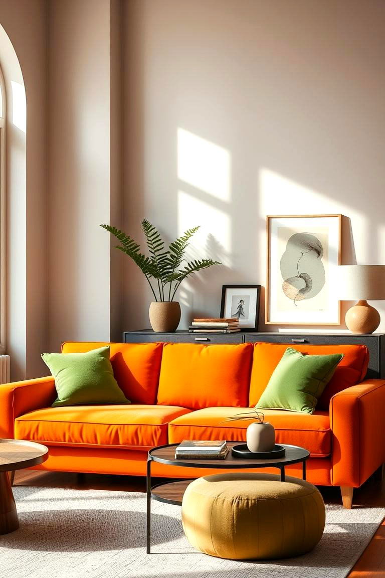 Citrus Infusion Sofa and Pillows - 24 Green and Orange Living Room Ideas