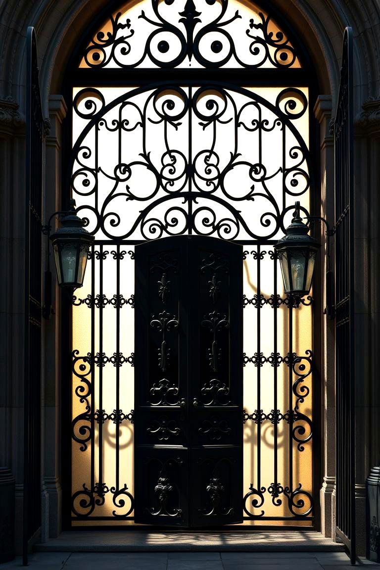 Classic Black Iron Door with Lanterns - 24 Gothic Front Door Ideas