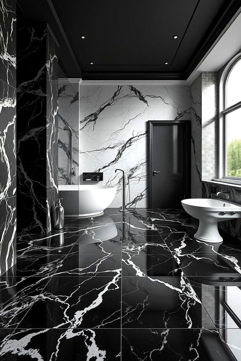 Classic Black Marble Look - 24 Black Floor Bathroom Ideas
