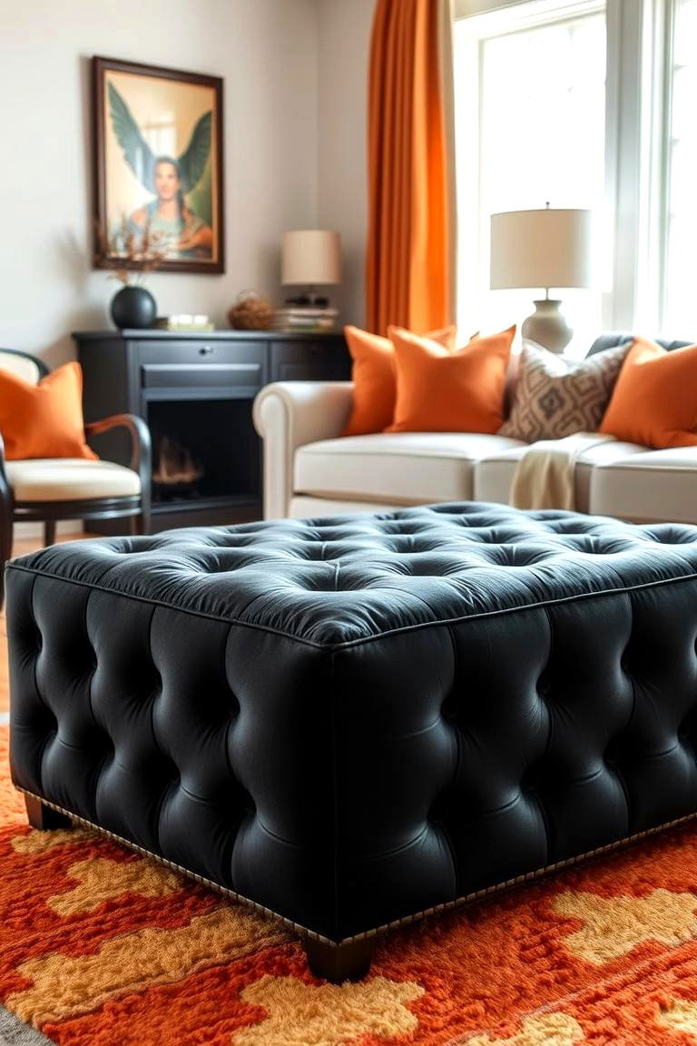Classic Black Ottoman with Luxurious Orange Textures - 24 Black and Orange Living Room Ideas