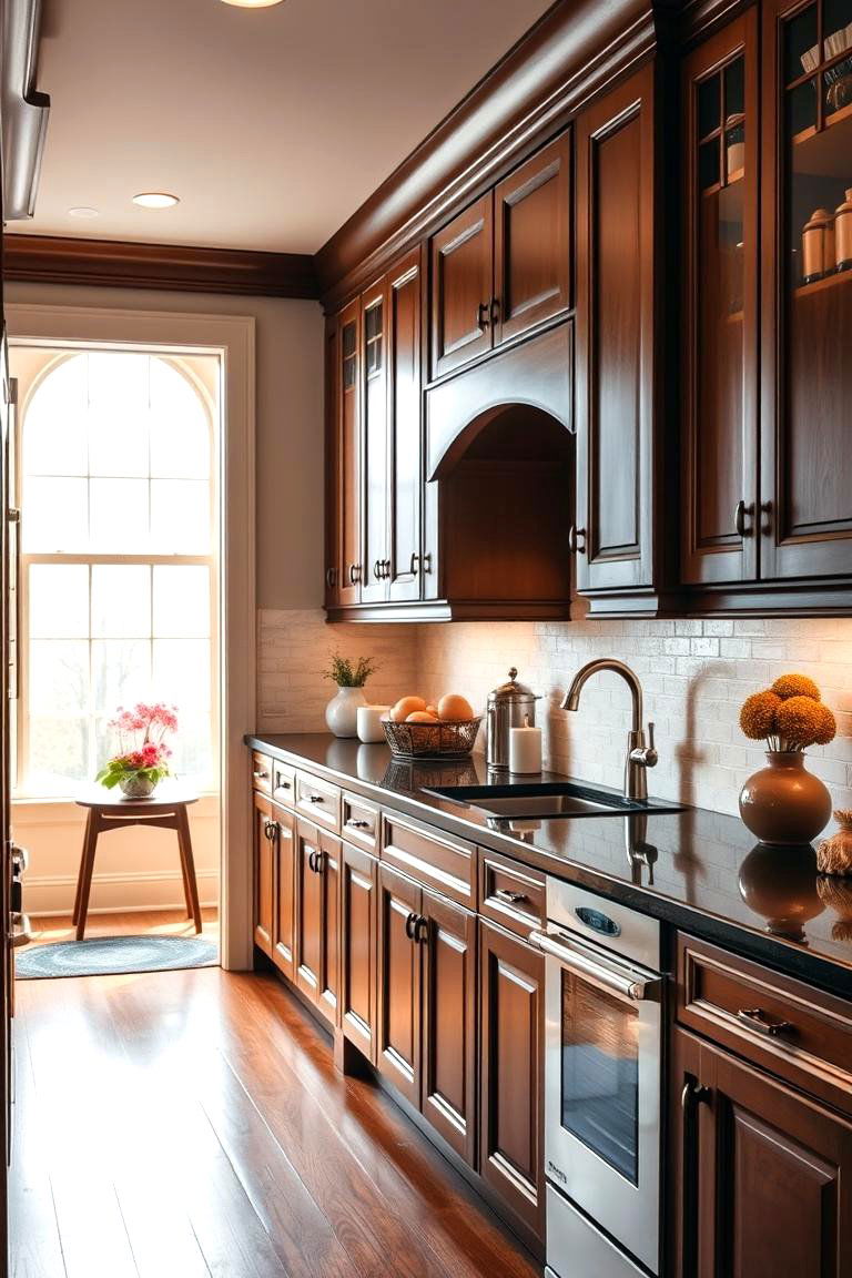 Classic Charm in Every Detail - 24 Brown Kitchen Cabinets With Black Countertops