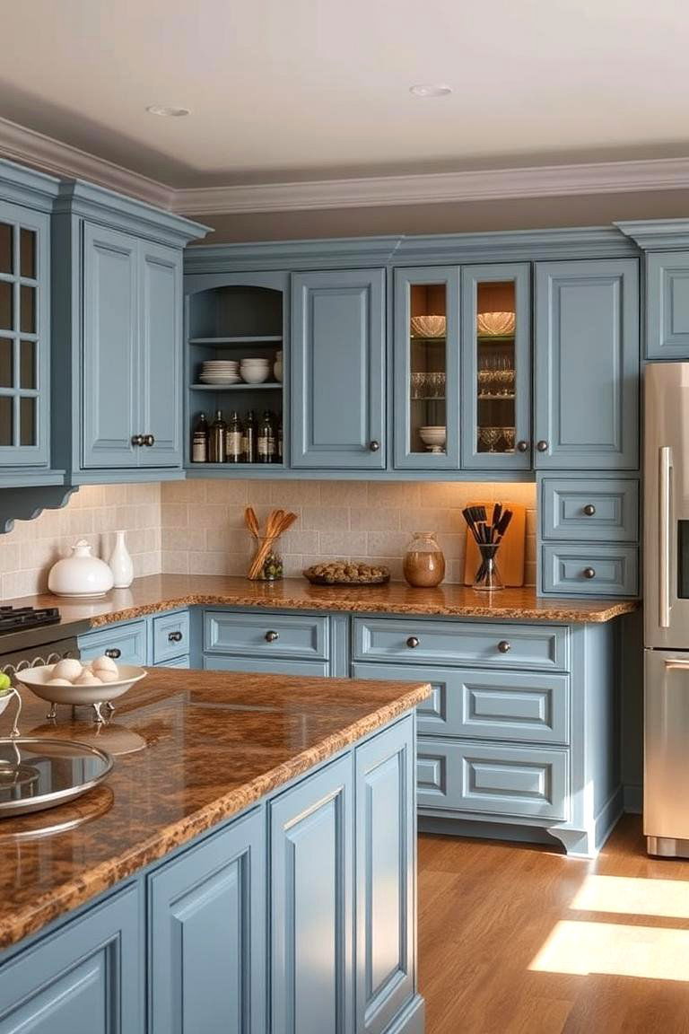 Classic Charm with Timeless Blue Cabinets - 24 blue kitchen cabinets with brown granite countertops